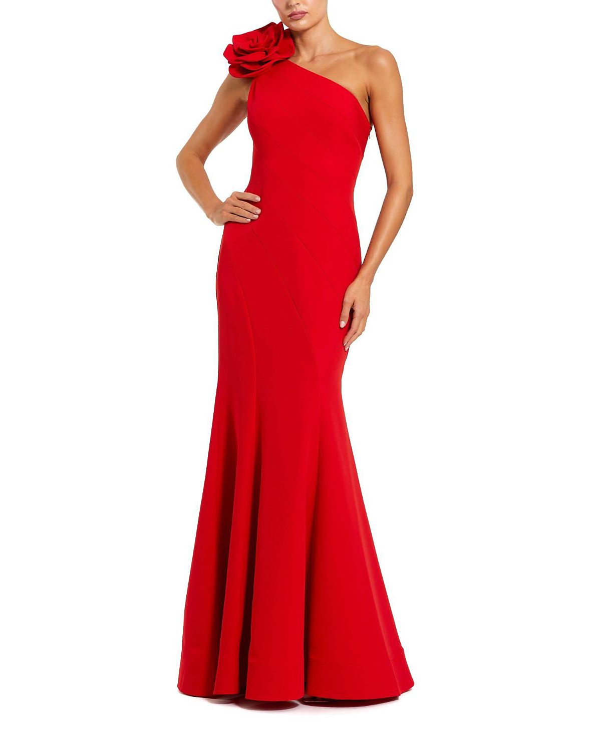 Mac Duggal Crepe One Shoulder Mermaid Gown with 3D Flower