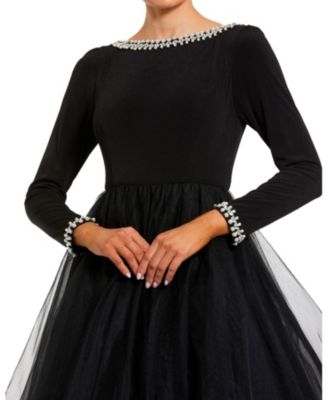  Embellished Jersey Long Sleeve Ballgown with Tulle Skirt