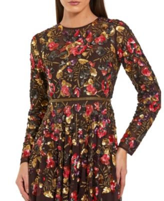  Long Sleeve Floral Embellished Evening Gown