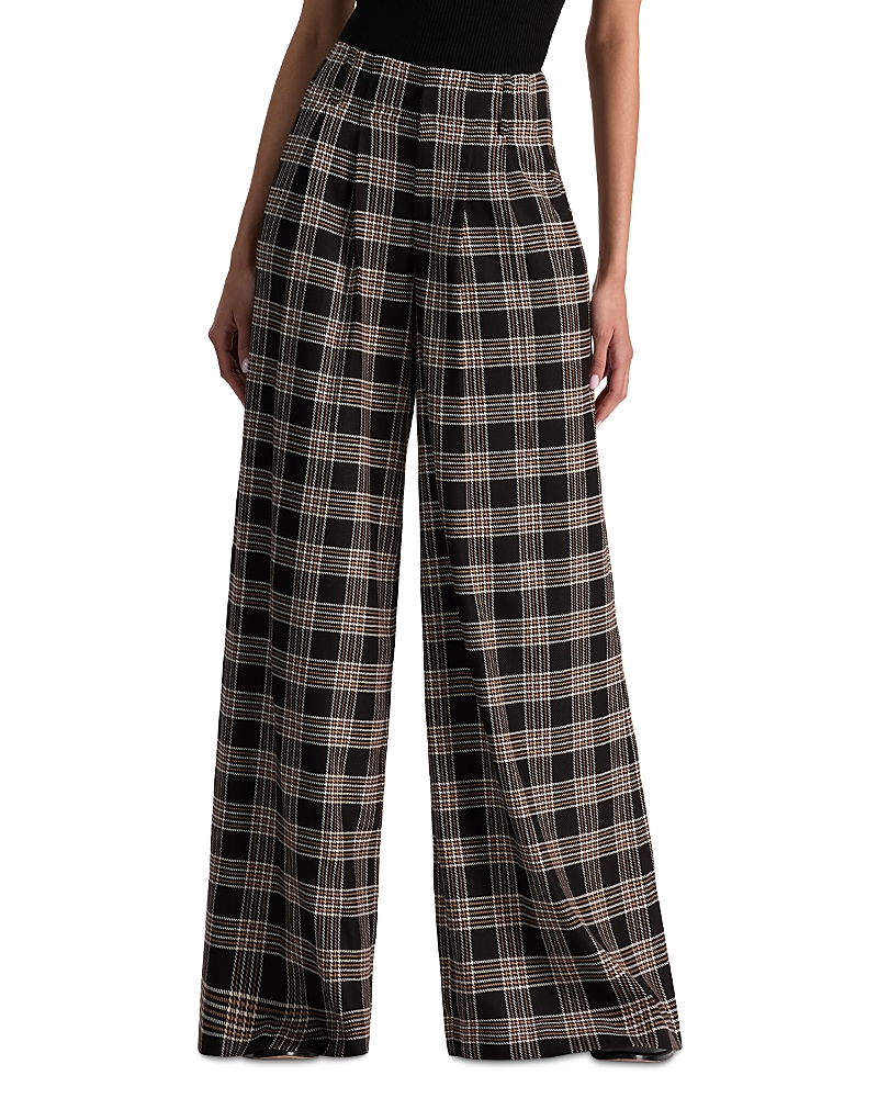 Alice And Olivia Eloise Pleated Check Trousers In Black