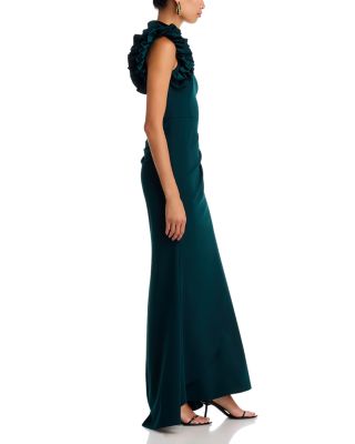 One Shoulder Ruffle Crepe Gown - Exclusive