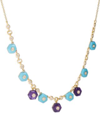 18K Yellow Gold Baia Necklace with White Diamonds, Lapis & Turquoise, 16-18"
