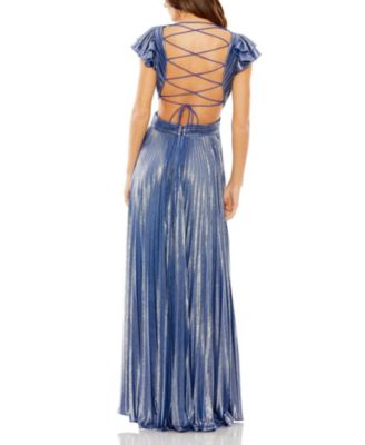 Ruffle Sleeve Cutout Pleated Metallic Gown