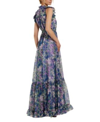 Printed Chiffon Ruffle Sleeve with Bow Belt Gown