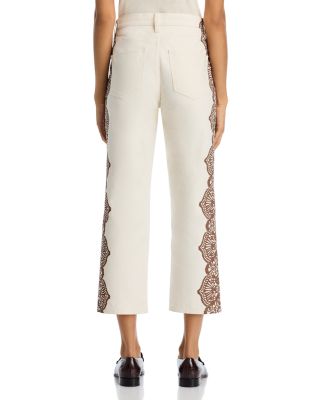 The Lace Print Wayn High Rise Cropped Jeans in Cream with Brown