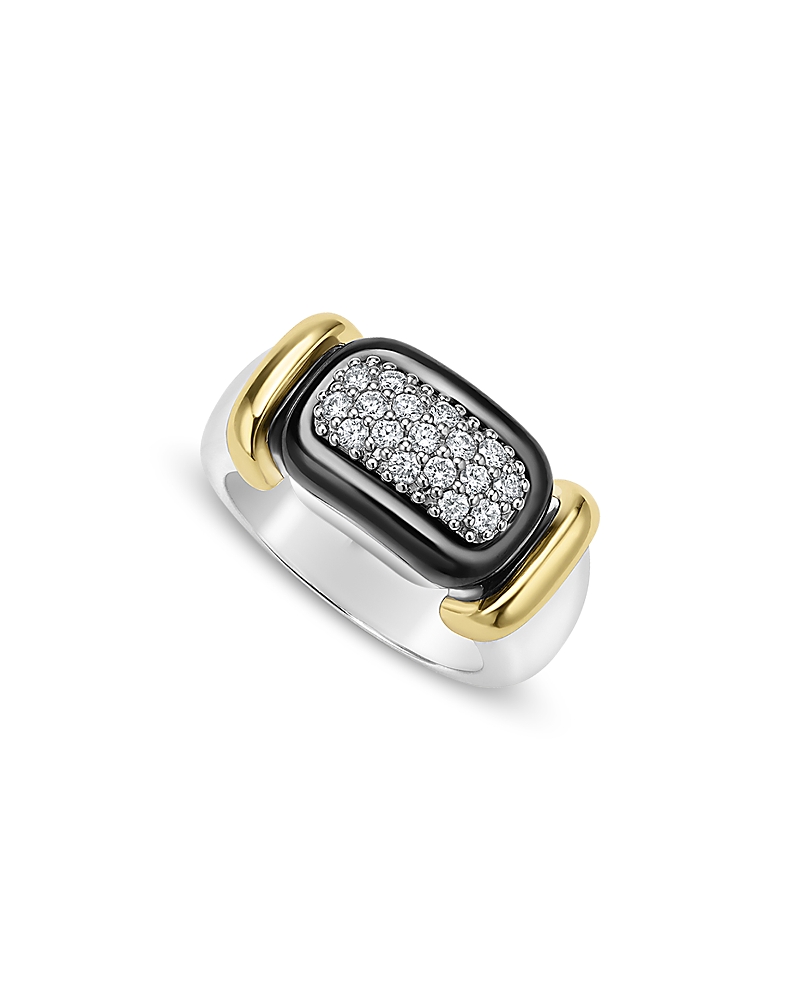 Lagos Two-tone Black Ceramic Diamond Ring In Silver