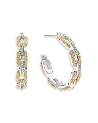 18K Yellow Gold & Sterling Silver Caviar Lux Diamond Link Hoop Earrings - Exclusive 