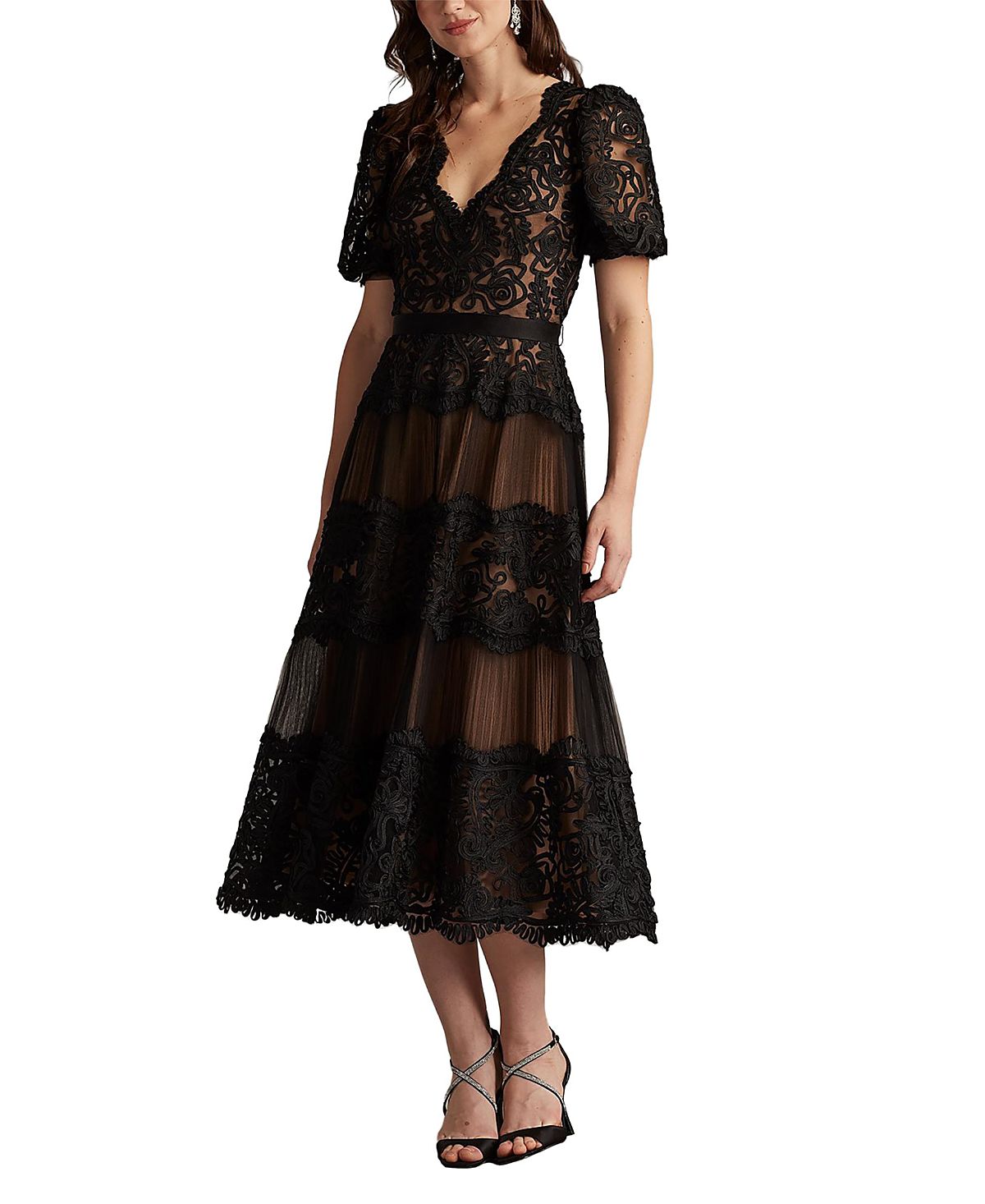 Tadashi Shoji Belline Embroidered Chiffon Midi Dress