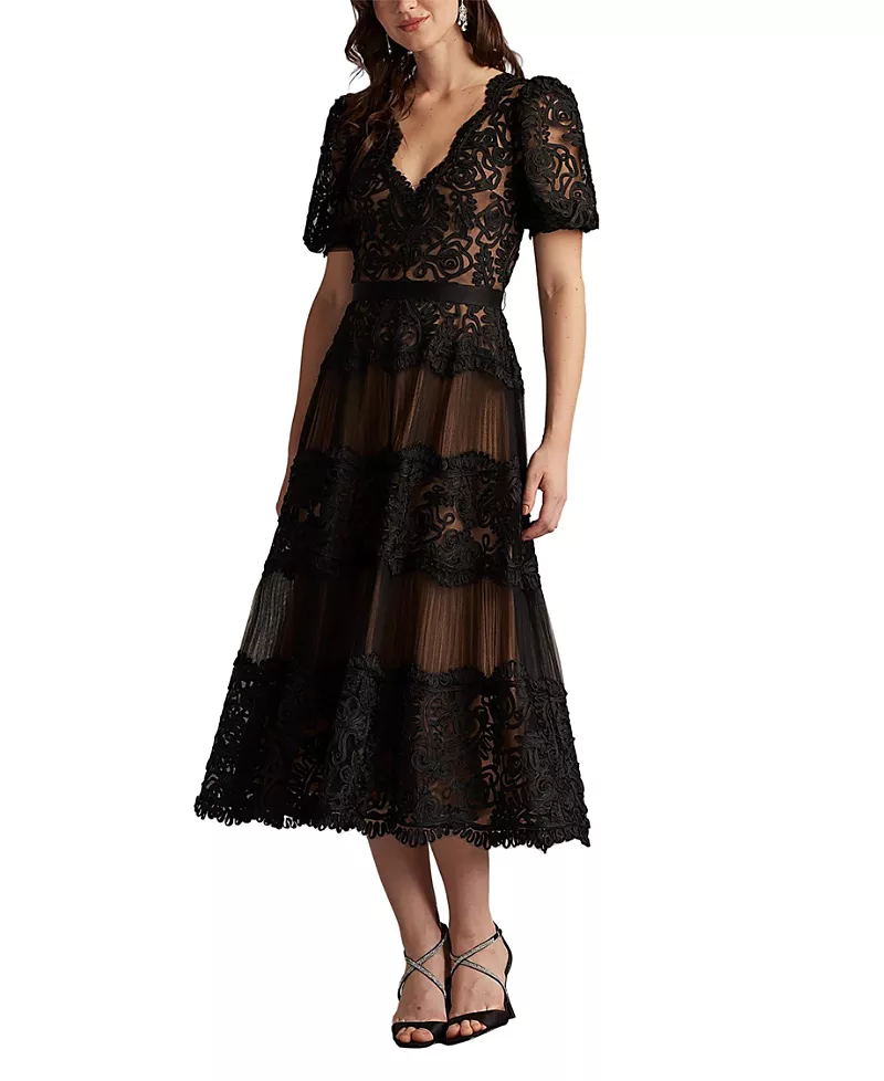 Tadashi Shoji Belline Embroidered Chiffon Midi Dress