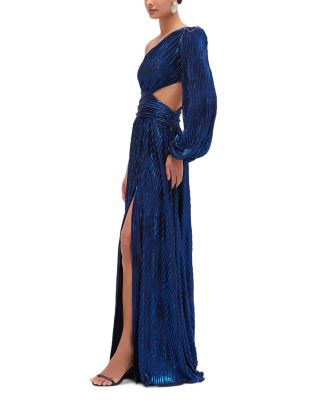 Metallic Pliss&eacute; One Shoulder Gown
