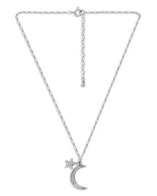 Pav&eacute; Cubic Zirconia Moon & Star Charm Necklace in Sterling Silver or 18K Yellow Gold Plated Sterling Silver, 16-18"L - Exclusive