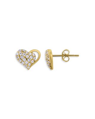 18K Gold Over Sterling Silver Pav&eacute; Cubic Zirconia Heart Stud Earrings - Exclusive