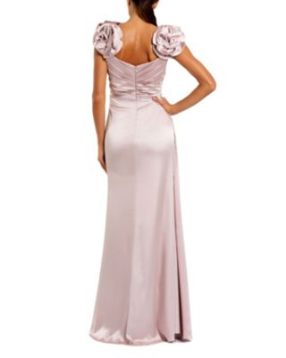 Mac Duggal Satin Faux Wrap Gown with 3D Flower Straps