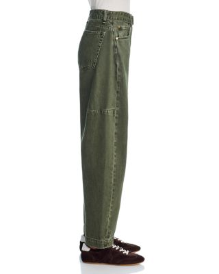 Charlie High Rise Belted Barrel Jeans in Dark Olive Stone