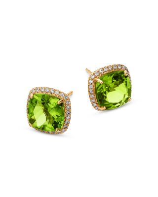 Peridot & Diamond Halo Stud Earrings in 14K Yellow Gold