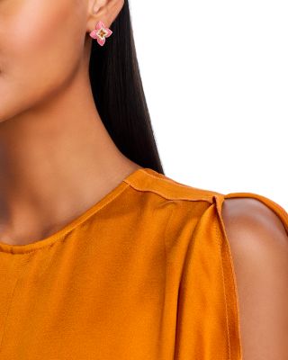 18K Yellow Gold Cabachon Pink Opal & Diamond Flower Stud Earrings