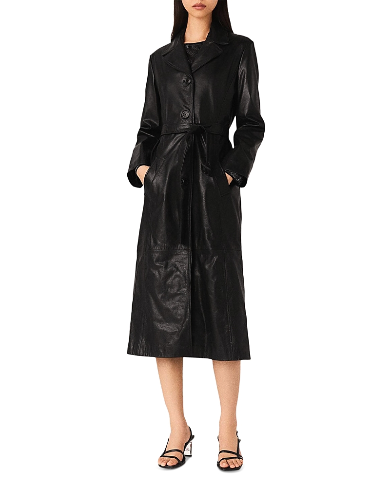 Maje Womens Long Belted-waist Leather Trench Coat Black In Black