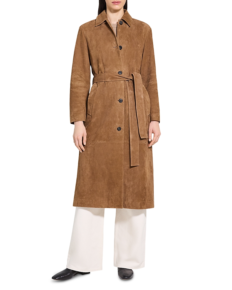 Theory Belted Suede Trench Coat In Brown