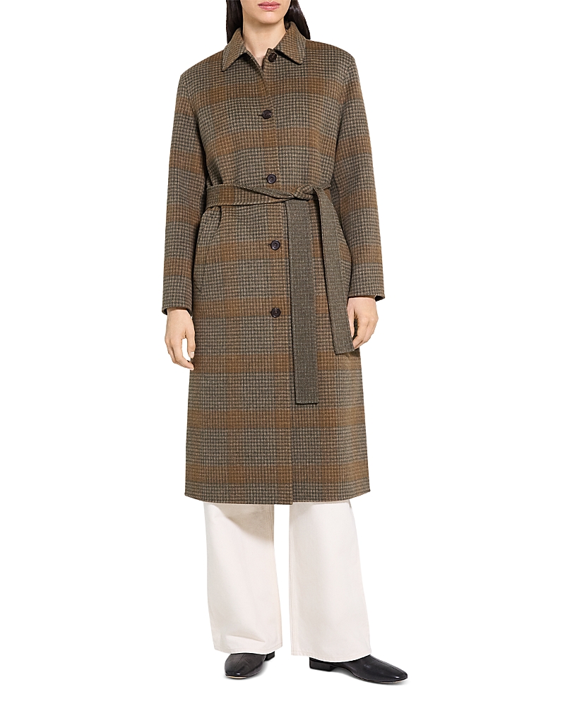 Theory Long Pressed Plaid Single-breasted Coat Brass Multi In Brown