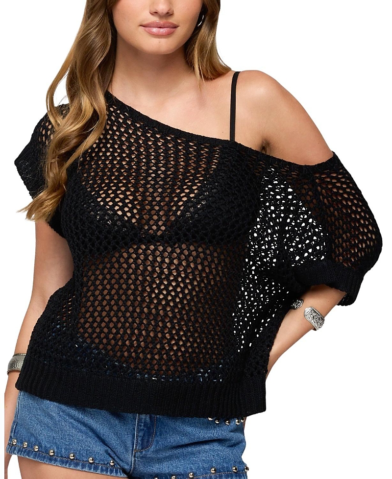 Edikted Trix One-shoulder Open Stitch Sweater In Black