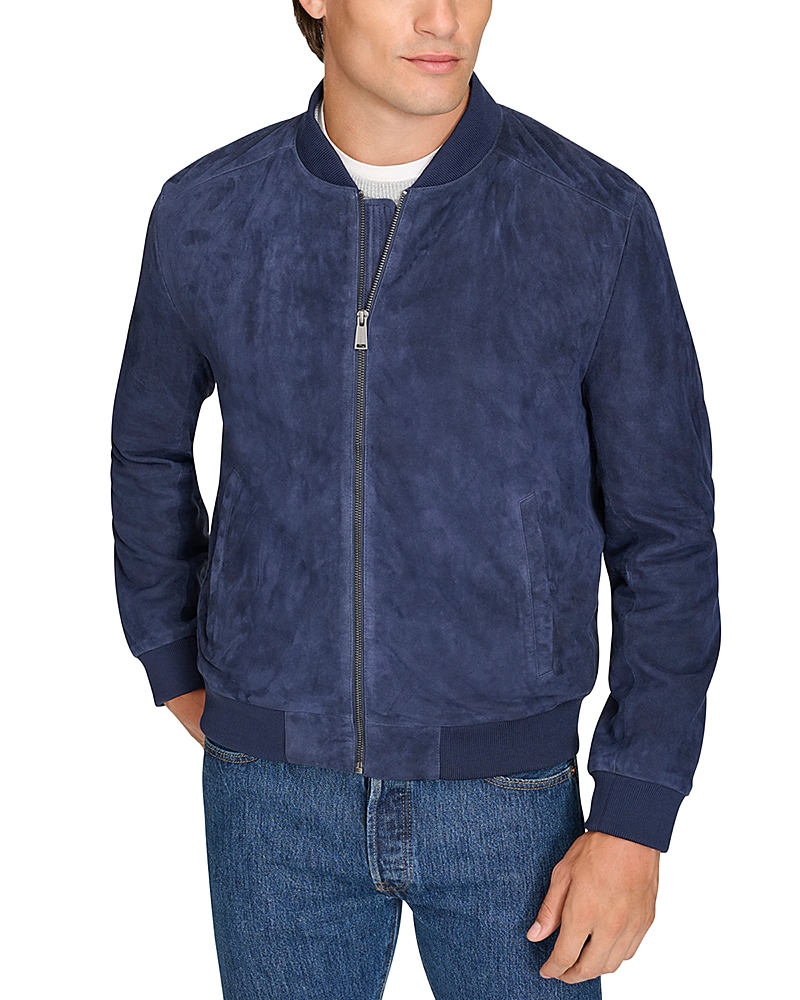 Cole Haan Suede Bomber Jacket In Blue