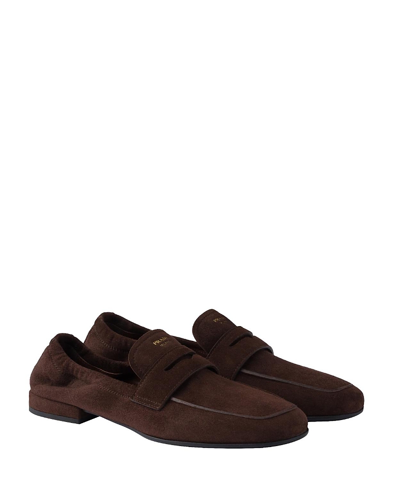 Prada Elasticated Suede Penny Loafers In Brown