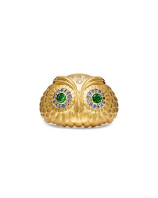 18K Yellow Gold FJ Tsavorite &amp; Blue Sapphire Athena Owl Ring