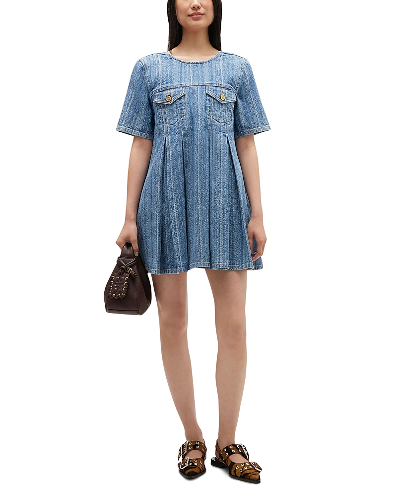 Ganni Striped Denim Pleated Dress In Blue