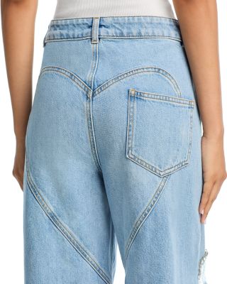 Distressed Crystal High Rise Relaxed Jeans in Medium Blue