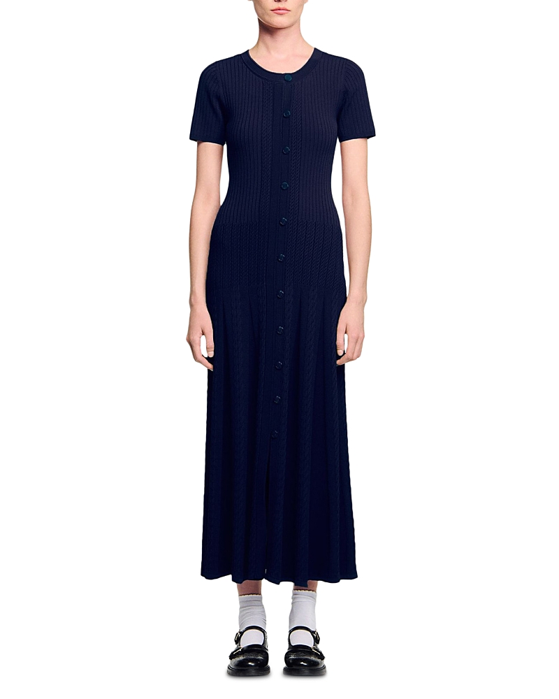 Sandro Womens Navy Blue Round-neck Button-down Stretch-knit Maxi Dress In Blue