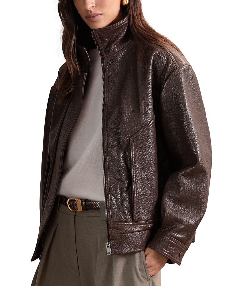Reiss Womens Burgundy Kiara Oversized Leather Bomber Jacket In Brown