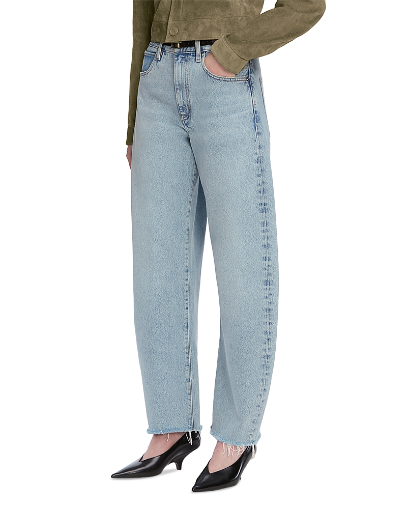 Frame The Bubble High Rise Crop Barrel Leg Jeans in Rapture Raw Fray