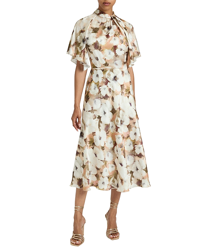 Santorelli Niki Mock Neck Midi Dress With Short Cape Sleeves In Floral Georgette In Multi