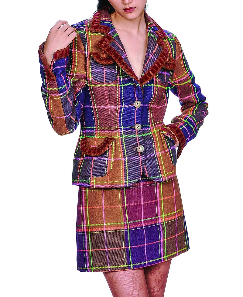 Anna Sui Caramel And Magenta Plaid Ribbon Jacket In Multi
