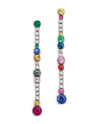 Ruby, Emerald & Rainbow Sapphire Drop Earrings in 14K White Gold