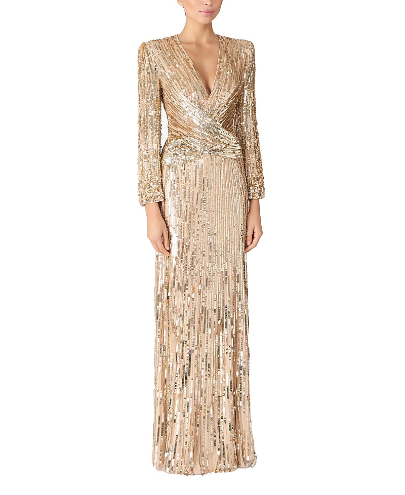 Jenny Packham Cosmos Sequined Strong-shoulder Gown In Gold