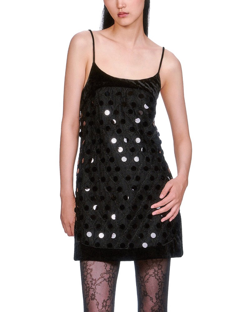 Anna Sui Mesh Pailettes Mini Dress in Black