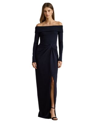 Rib Knit & Crepe Off The Shoulder Gown