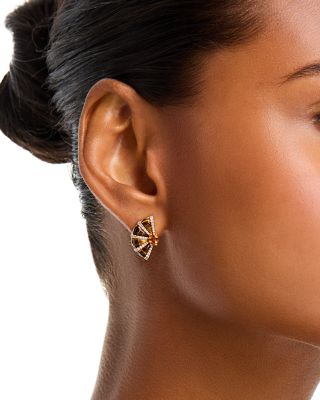 Tiger Eye, Mandarin Garnet & Diamond Stud Earrings in 14K Yellow Gold