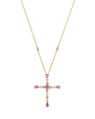 Pink Sapphire & Diamond Cross Pendant Necklace in 14K Yellow Gold