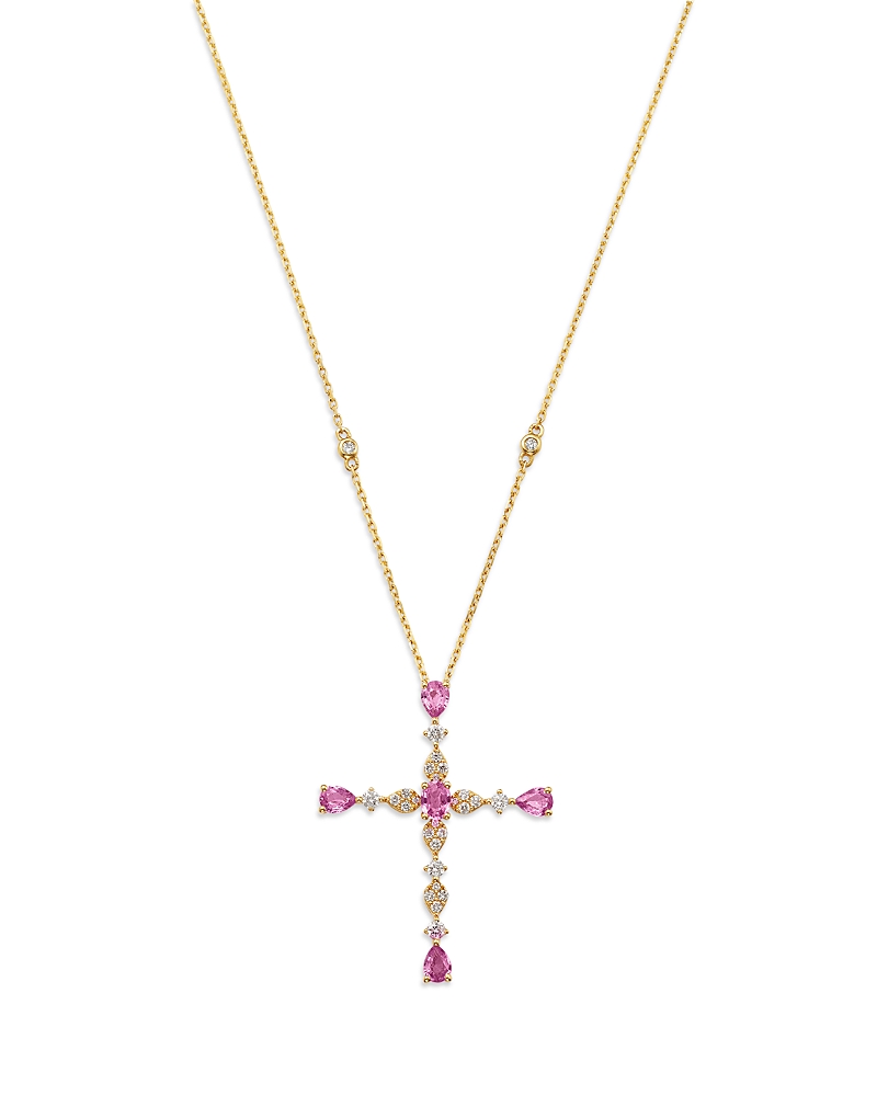 Bloomingdale's Fine Collection Pink Sapphire & Diamond Cross Pendant Necklace In 14k Yellow Gold In Multi