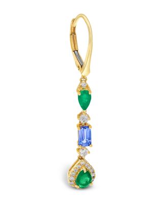 Emerald, Tanzanite & Diamond Linear Drop Earrings in 14K Yellow Gold