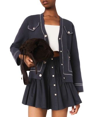 Long Topstitched Knit Cardigan Sweater