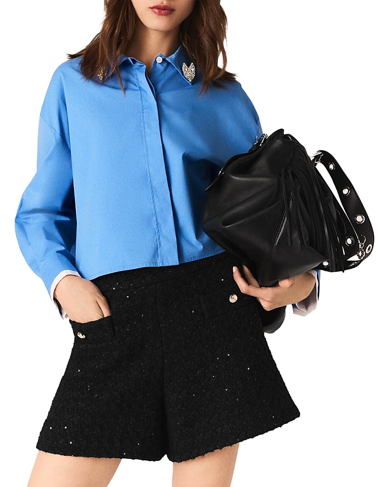 Maje Womens Rhinestone-embellished Mid-rise Tweed Shorts Black In Black
