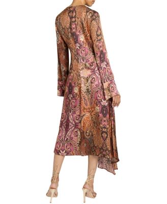 Rachel Long Sleeve Asymmetric Midi Dress in Printed Charmeuse