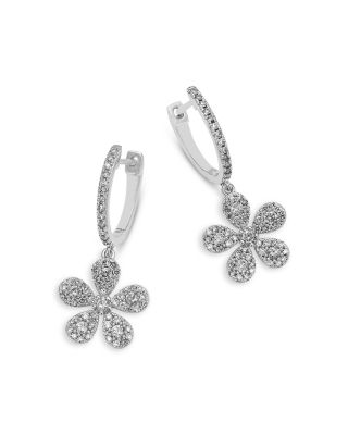 Diamond Flower Charm Dangle Hoop Earrings in 14K White Gold, 0.75 tcw