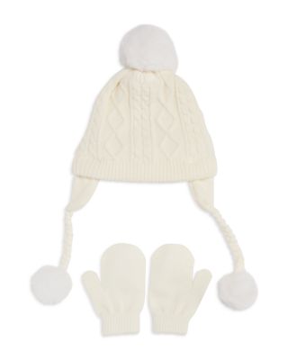 Girls' Super Soft Cable Knit Earflap Hat with Faux Fur Pom & Mittens Set