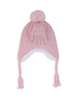 Girls' Chunky Chenille Knit Earflap Hat With Faux Fur Lining & Gloves Set - Little Kid, Big Kid