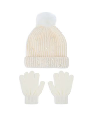 Girls' Fuzzy Rib Knit Beanie With Faux Pearls & Gloves Set - Little Kid, Big Kid