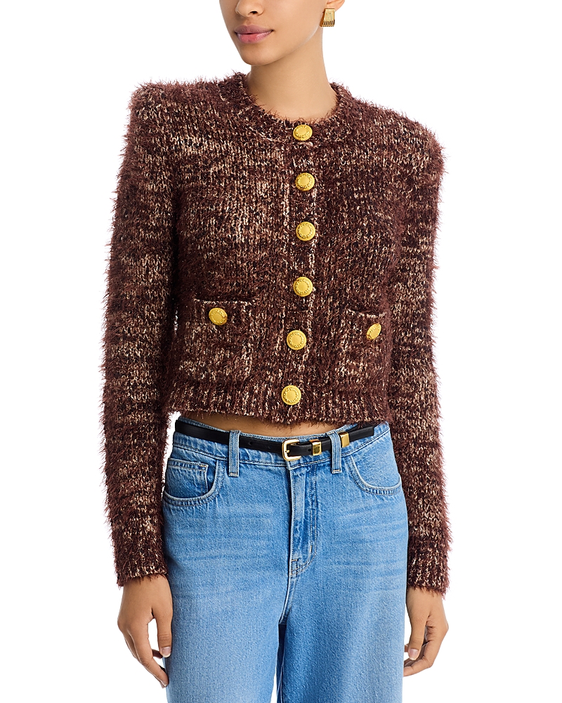 L'agence Una Crop Eyelash Tweed Cardigan In Brown